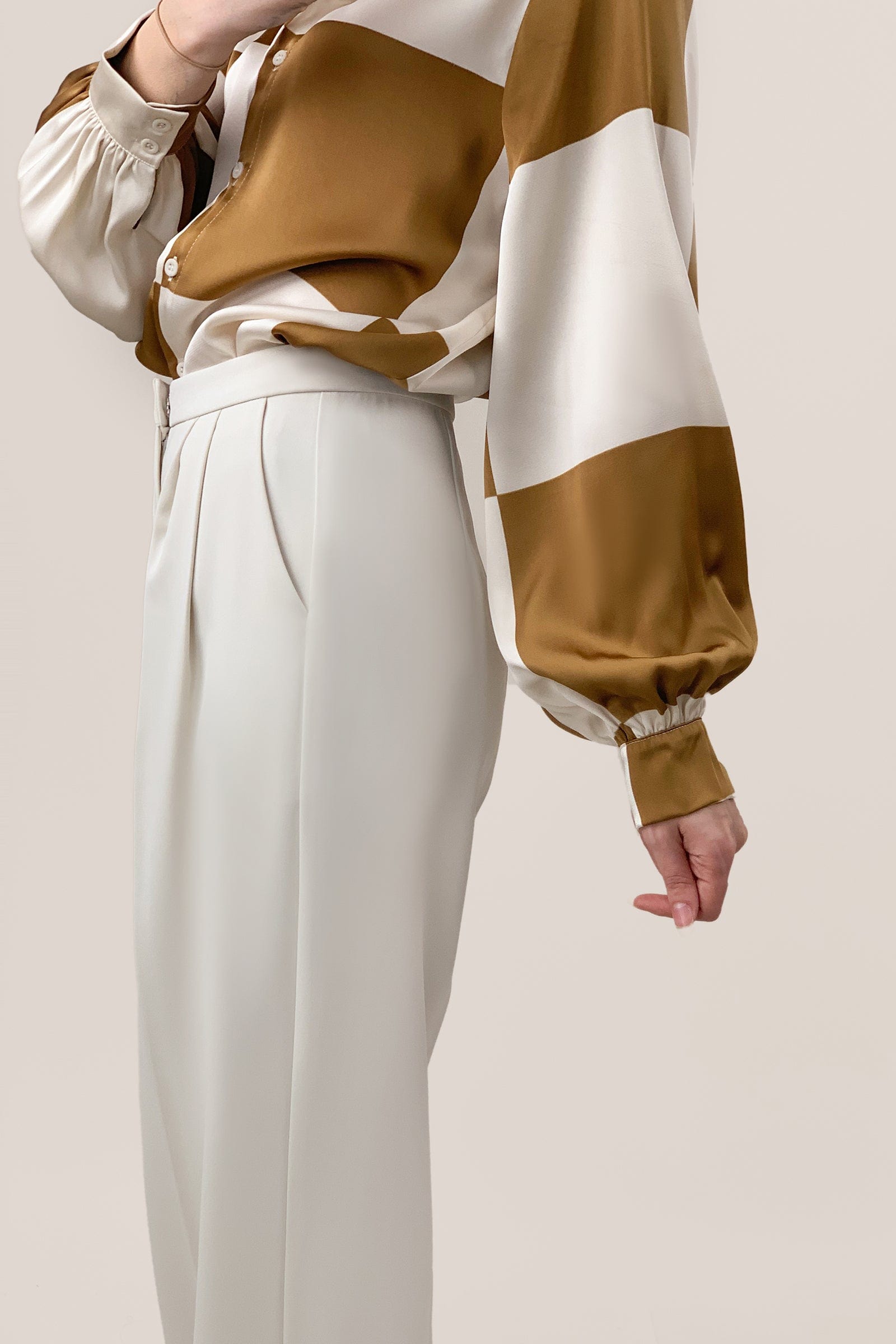 White Pleat Detail Wide Leg Work Pants