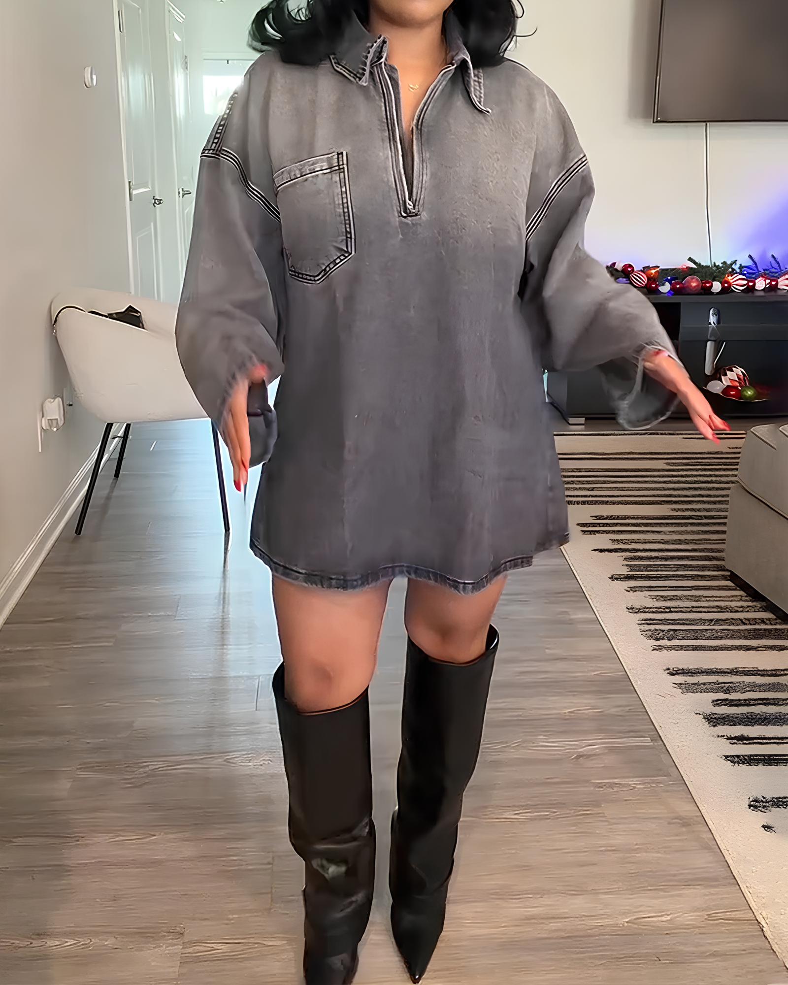 Stylish Collared Loose Denim Long-sleeved Dress