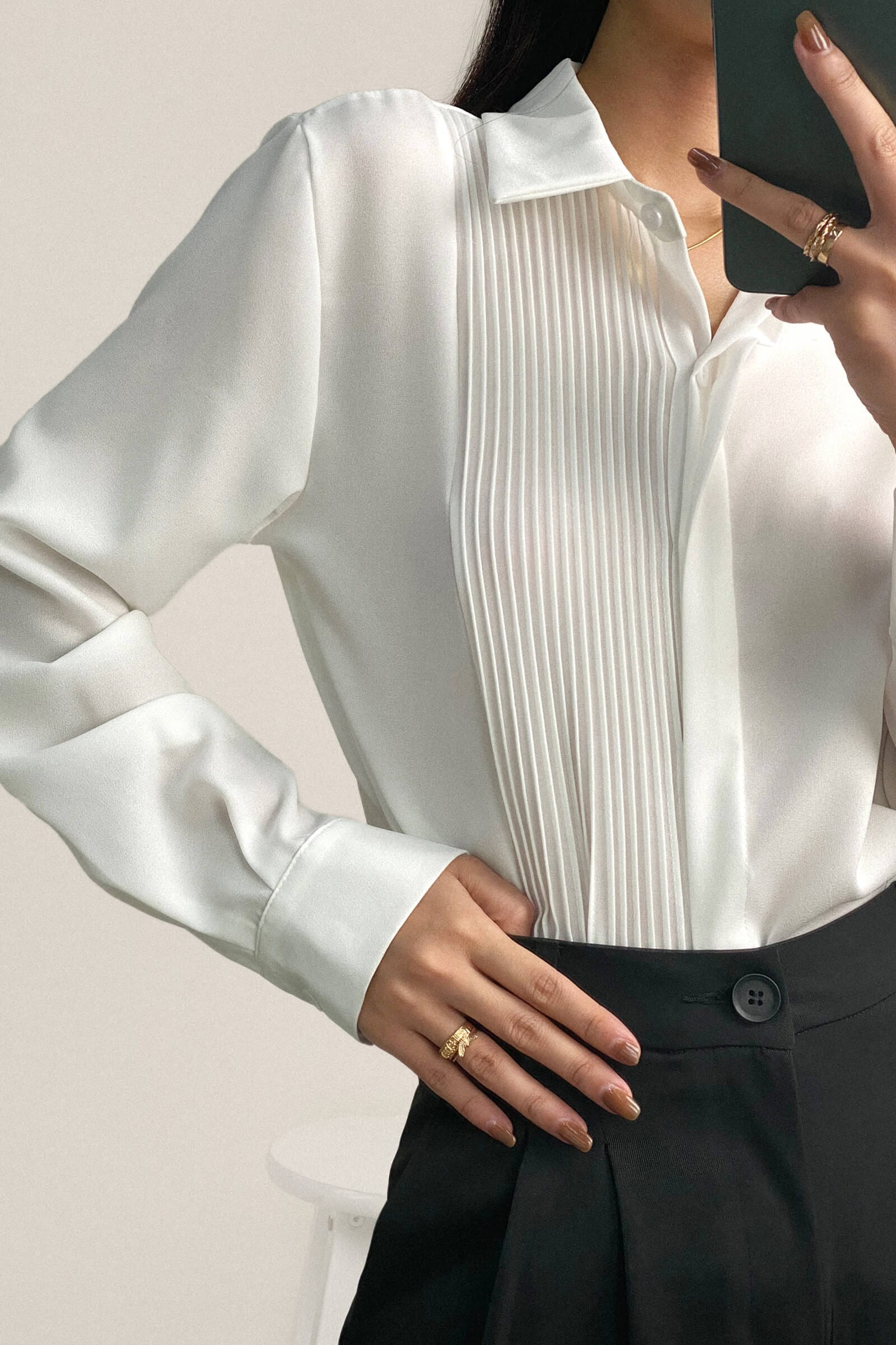 White Pleat Detail Long Sleeve Button-Up Chiffon Shirt