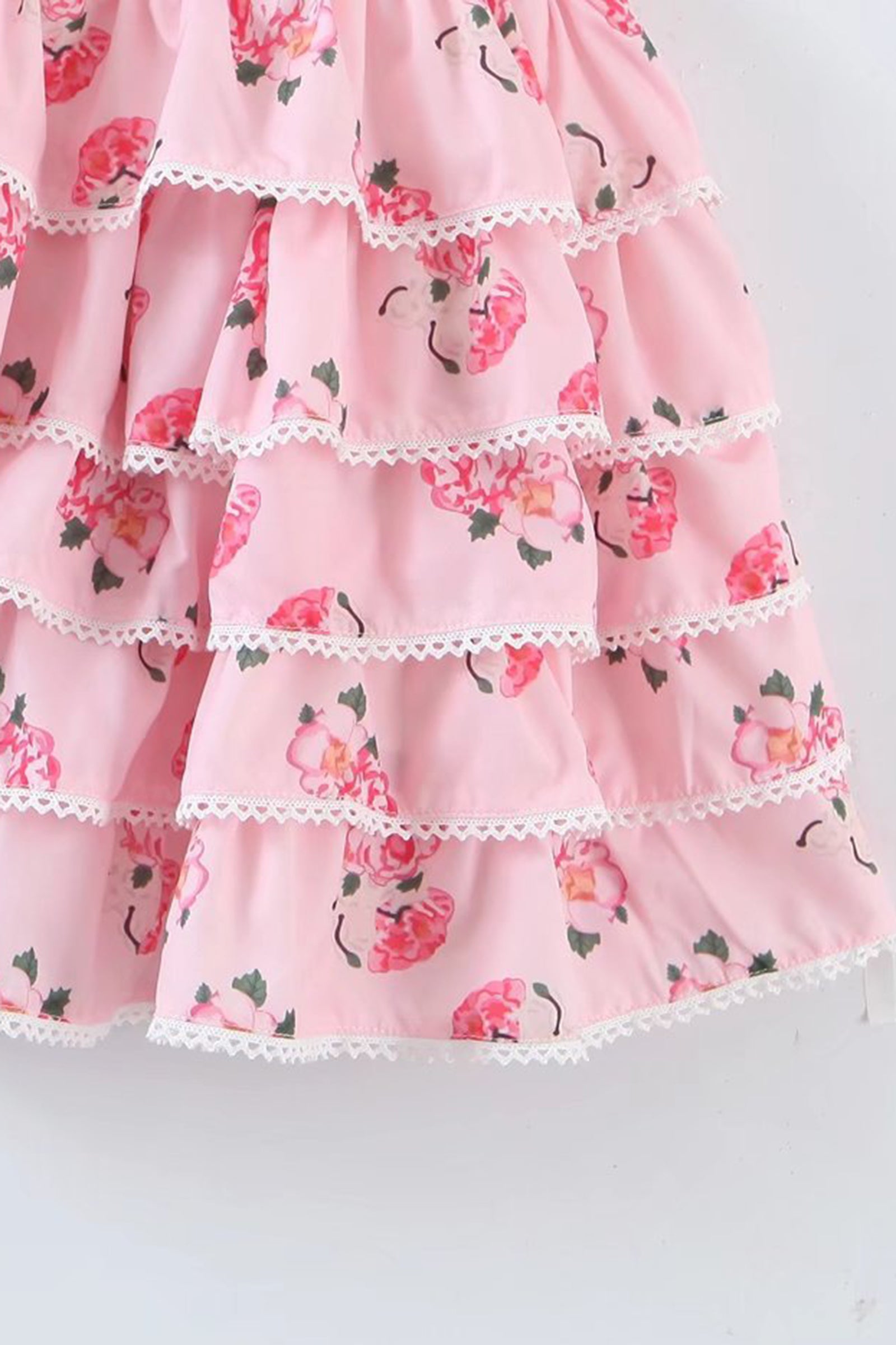 Pink Floral Print Bow-Tie Tiered Mini Dress