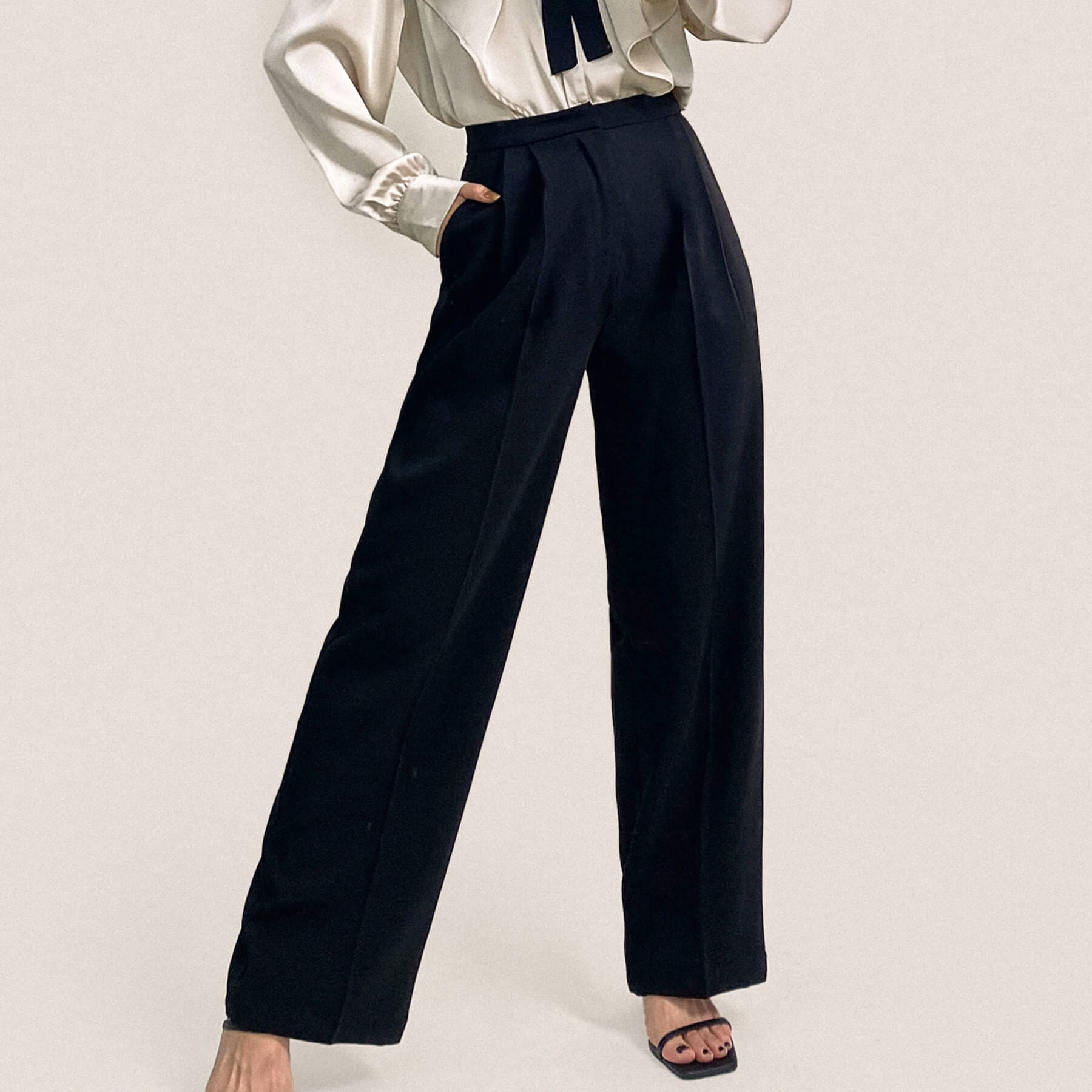 Black Pleat Detail Wide Leg Work Pants