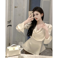 Beige Satin Cowl Neck Long Sleeve Blouse