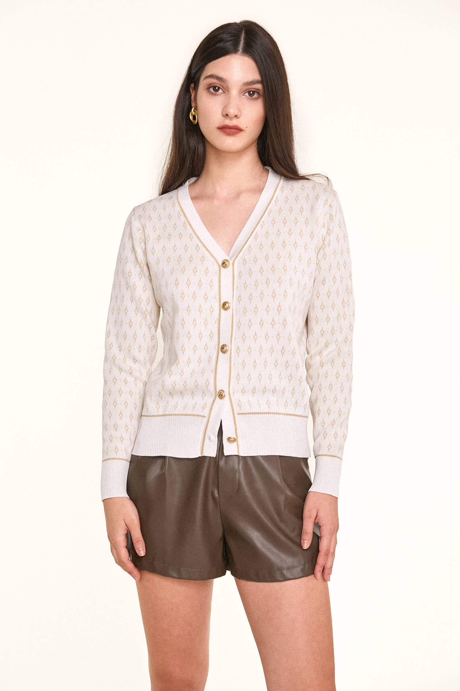 White Jacquard-Knit V-Neck Button-Up Cardigan
