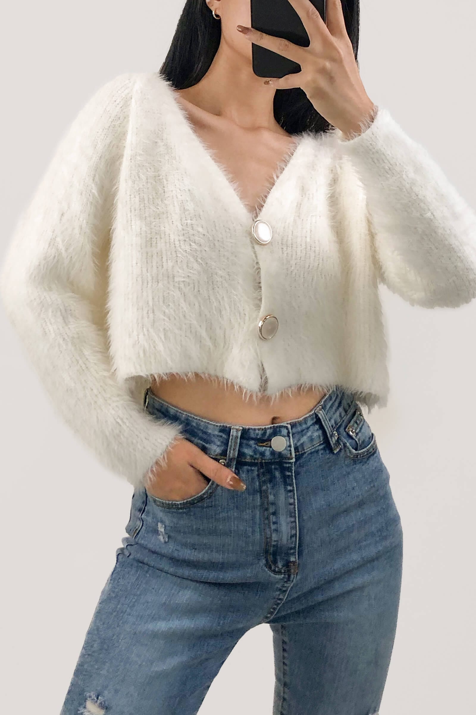 Ivory V-Neck Fuzzy Knit Cropped Cardigan