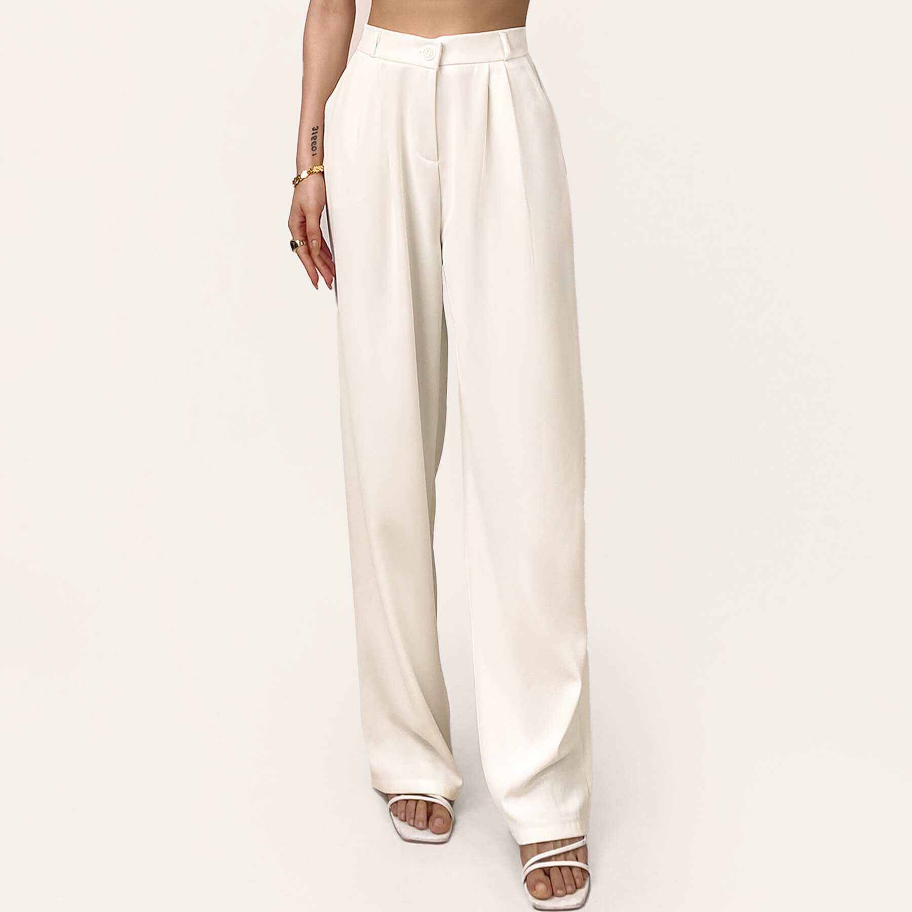 Ivory Half Elastic Pleat Detail Wide Leg Suit Pants