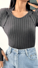 Dim Grey Strap Detail Cut Out Ribbed Knit Sweater