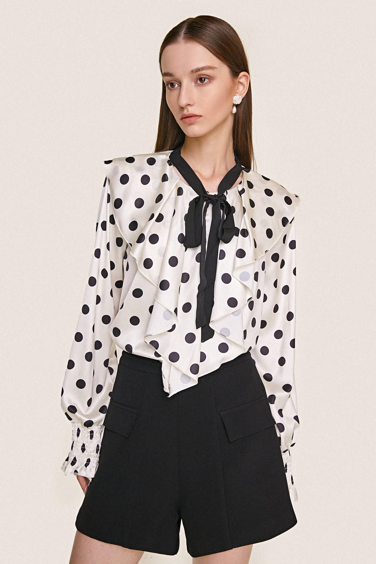 Ivory Polka Dot Flounce-Trimmed Tie Neck Chiffon Blouse