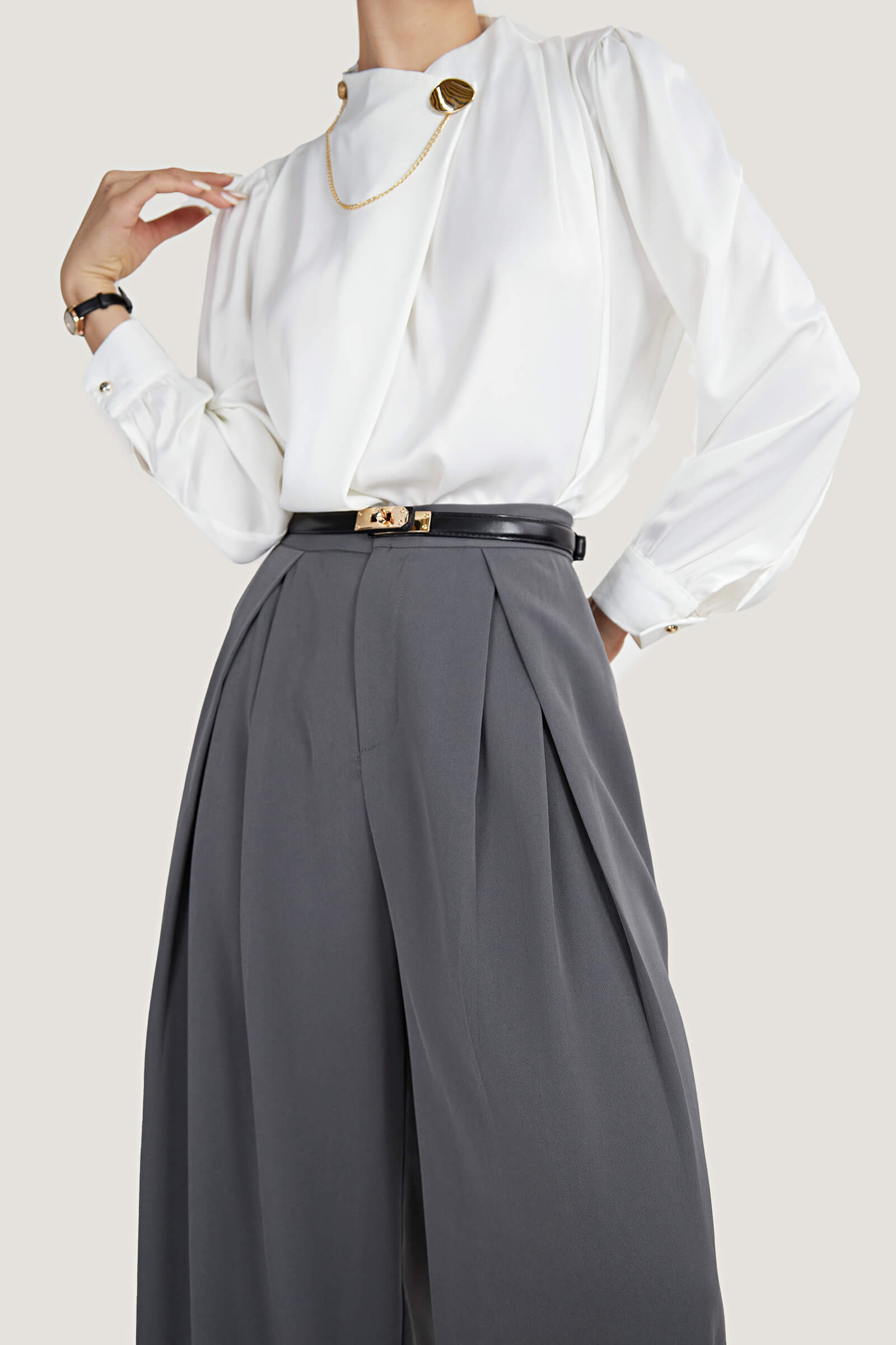 White Mock Neck Ornamental Lantern Sleeve Blouse