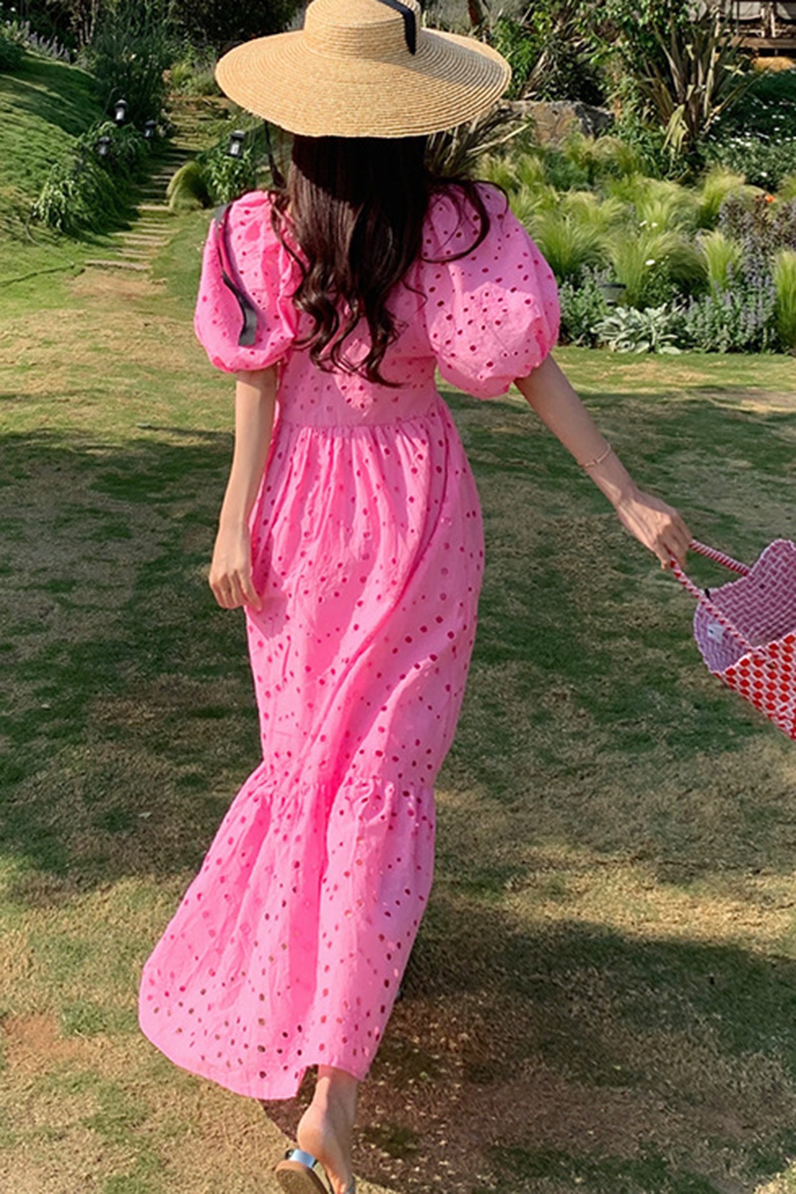 Hot Pink V Neck Balloon Sleeve Eyelet Maxi Dress