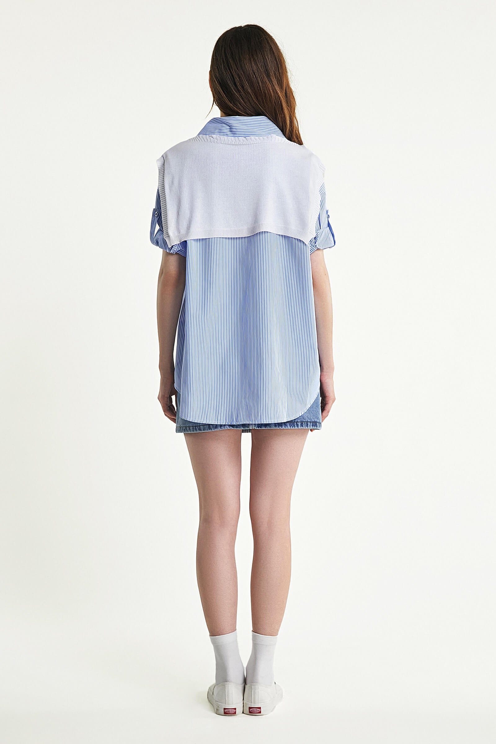 Light Sky Blue Striped Roll-Tab Sleeve Shirt With Square Scarf Shawl