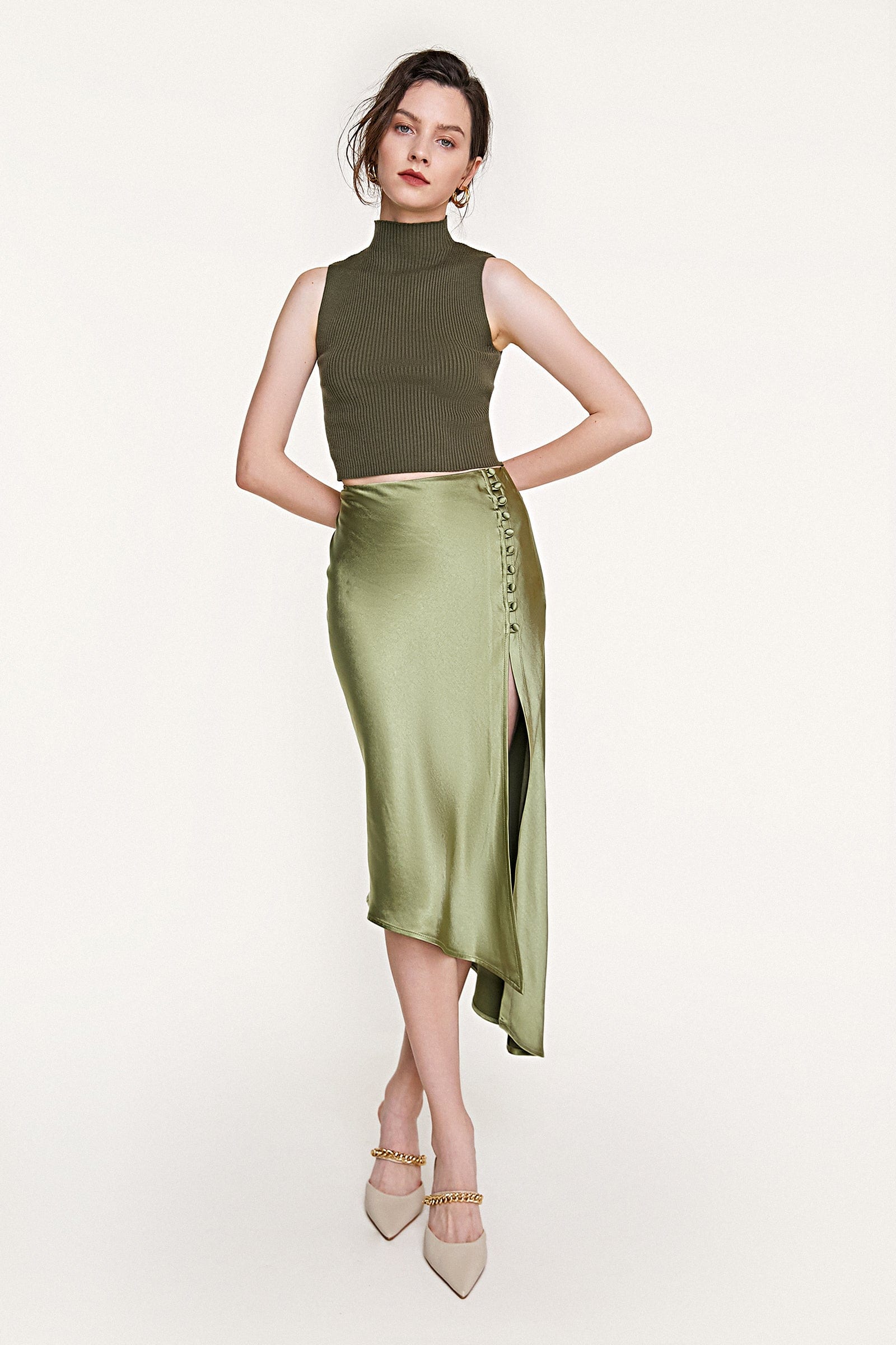 Olive Drab Satin Button Side Asymmetric Midi Skirt