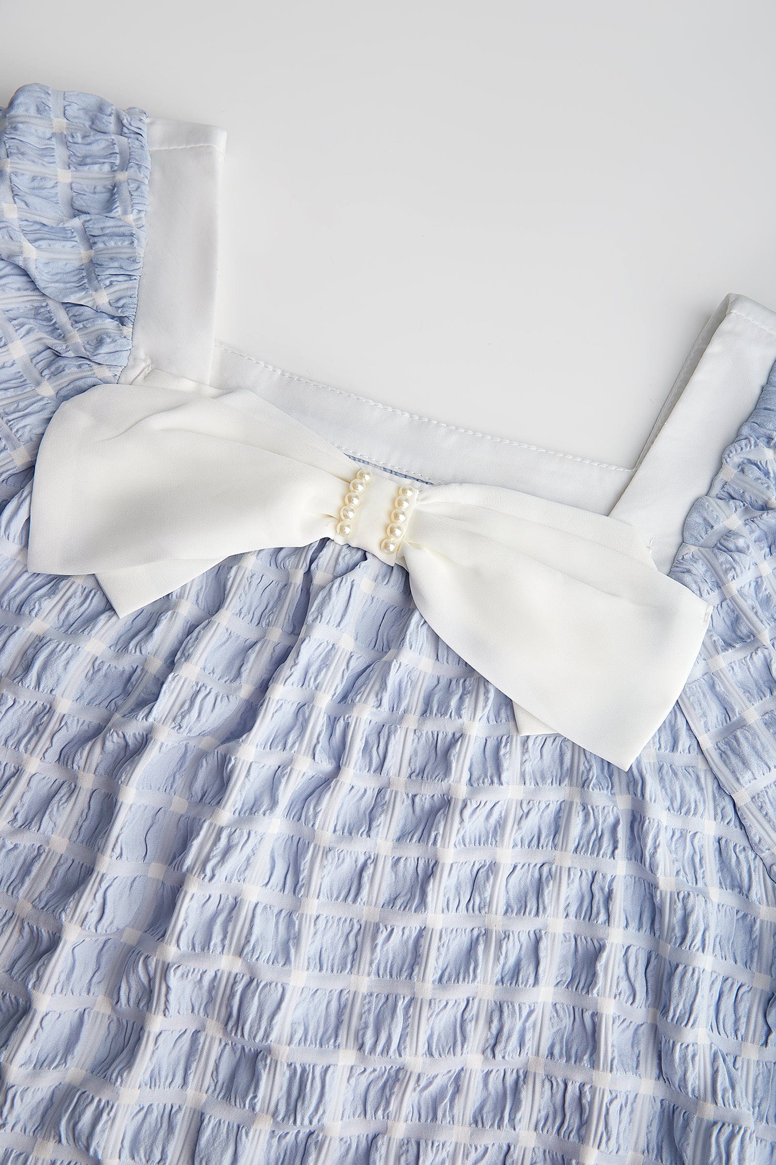 Light Sky Blue Square Neck Bow-Embellished Textured Blouse