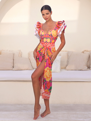 Ruffled Contrast Print One Piece Swimsuit and Sarong