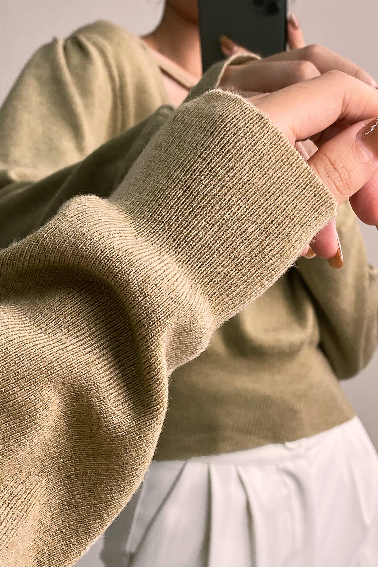 Dark Khaki Wool-Blend Strap Detail Asymmetric Neck Sweater
