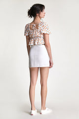 Peru Textured Floral Print Tie Detail Lace Trim Cropped Blouse