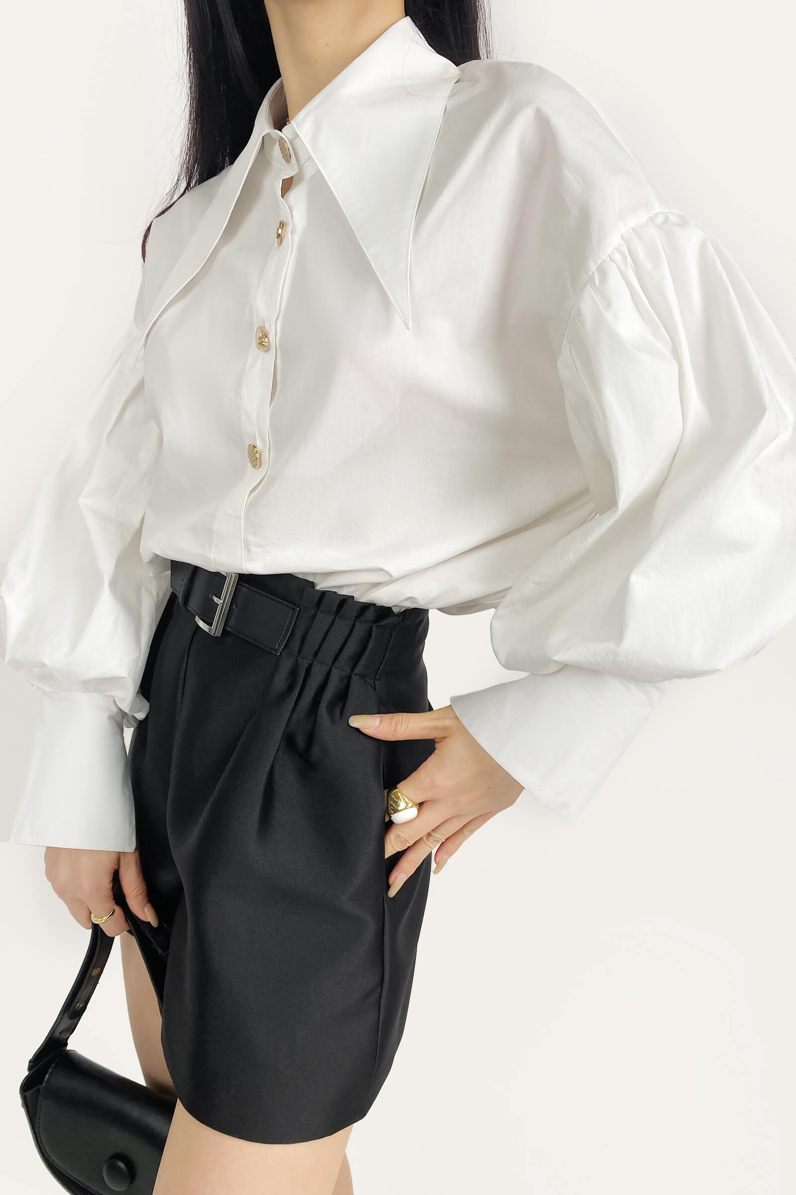 White Pointed Collar Button Detail Lantern Sleeve Shirt