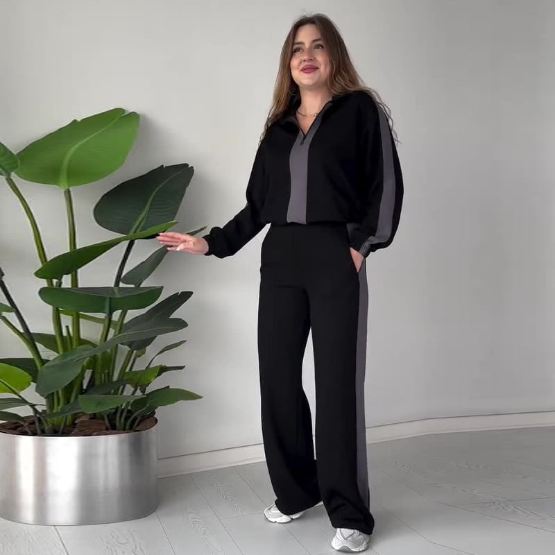 Zipper Lapel Tops & Pants 2-Piece Set