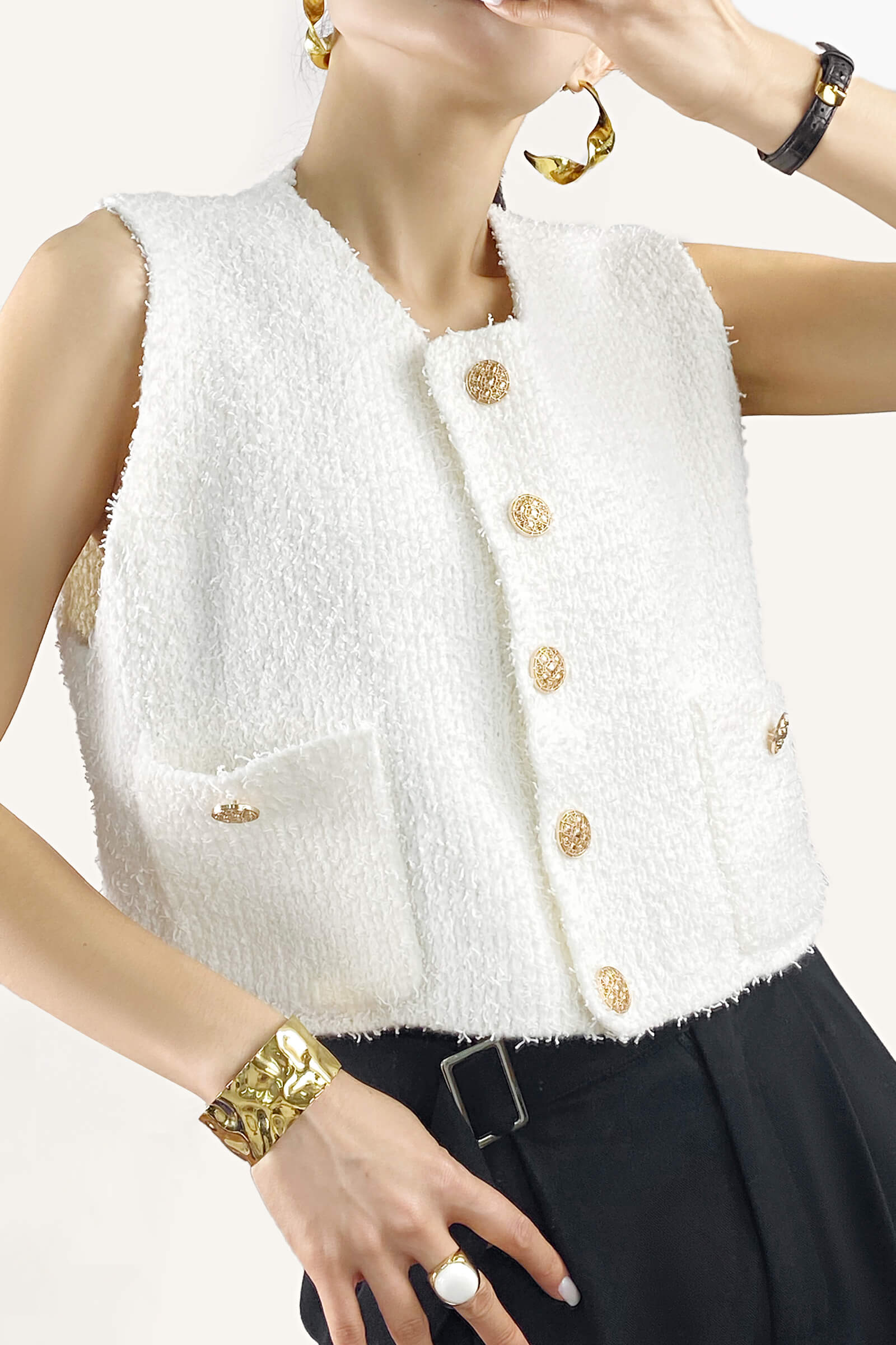 White Pocket Detail Gold Button Cropped Knitted Vest
