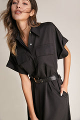 Black Dolman Sleeve Button-Up Tie Waist Shirt Midi Dress