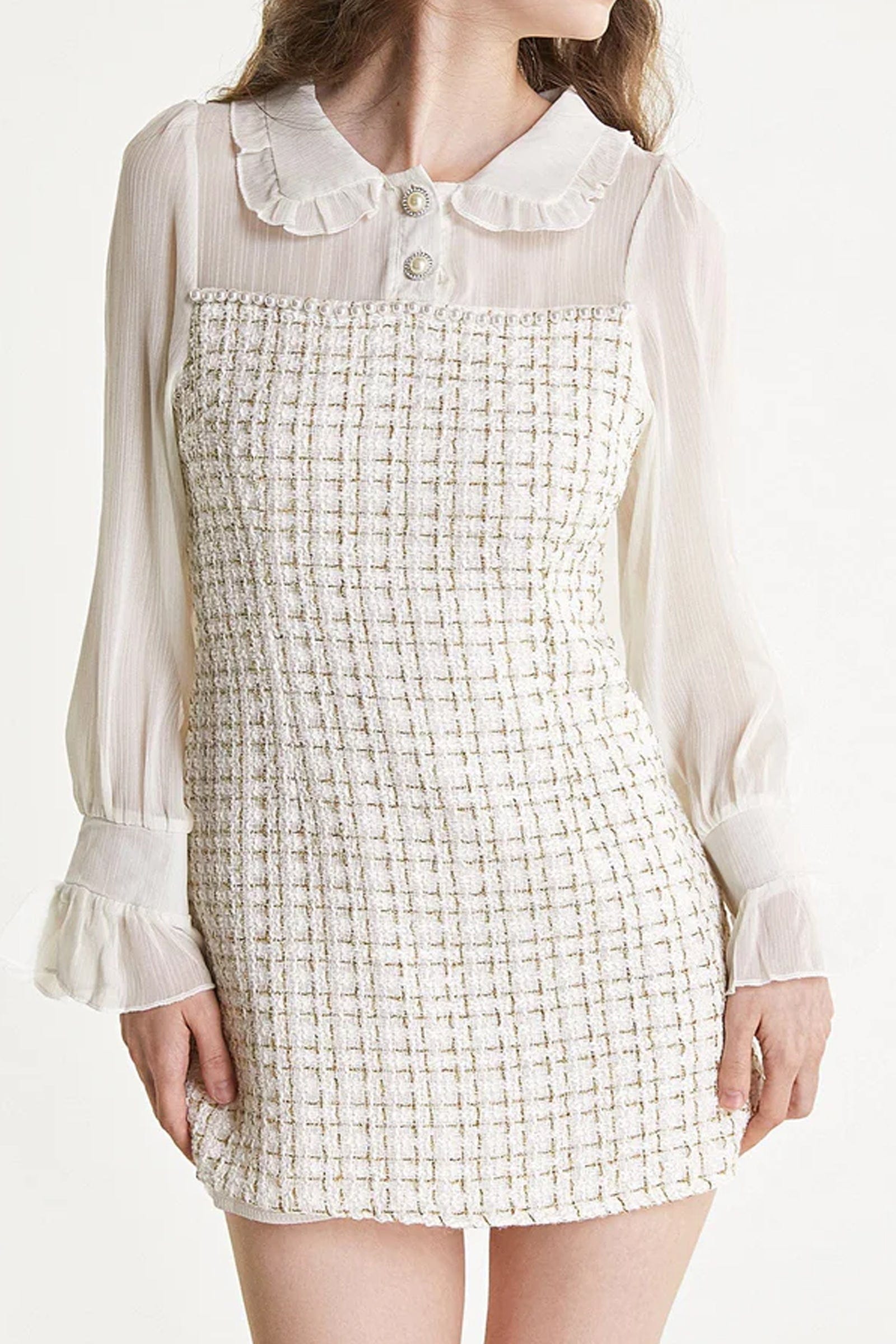 White Mesh Yoke Tweed Mini Dress