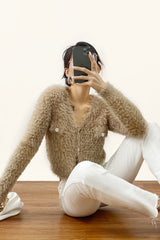 Sandy Brown Fuzzy Knit V-Neck Cropped Cardigan