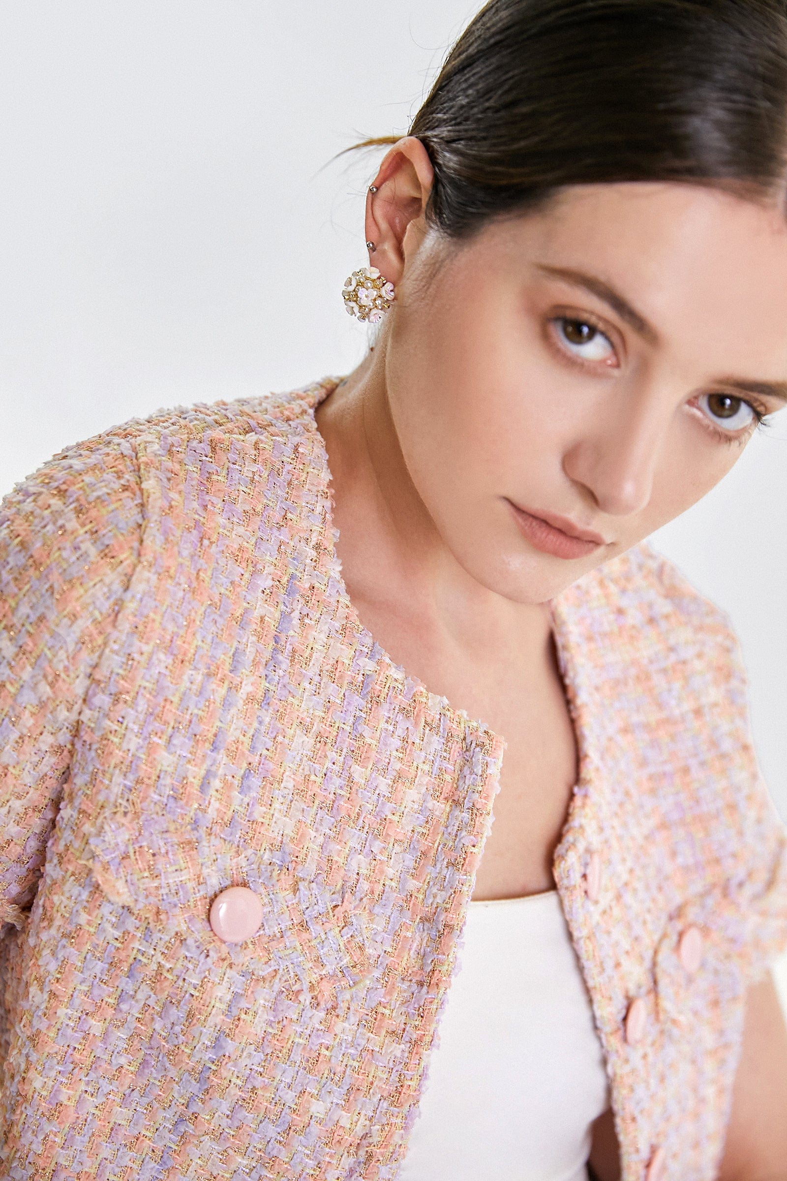 Pink Button-Up Short Sleeve Cropped Tweed Jacket