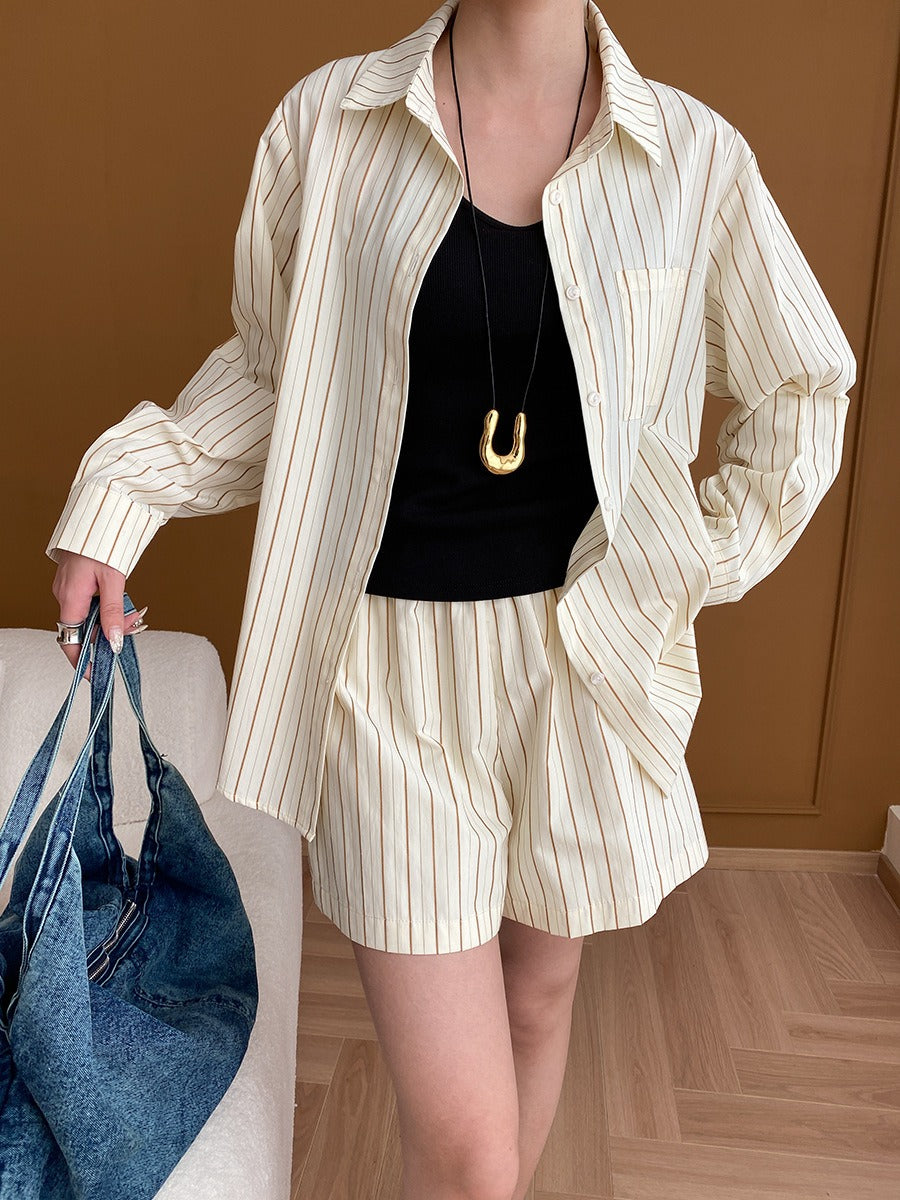 Vertical Striped Shirt Shorts Sunscreen Two-piece Set