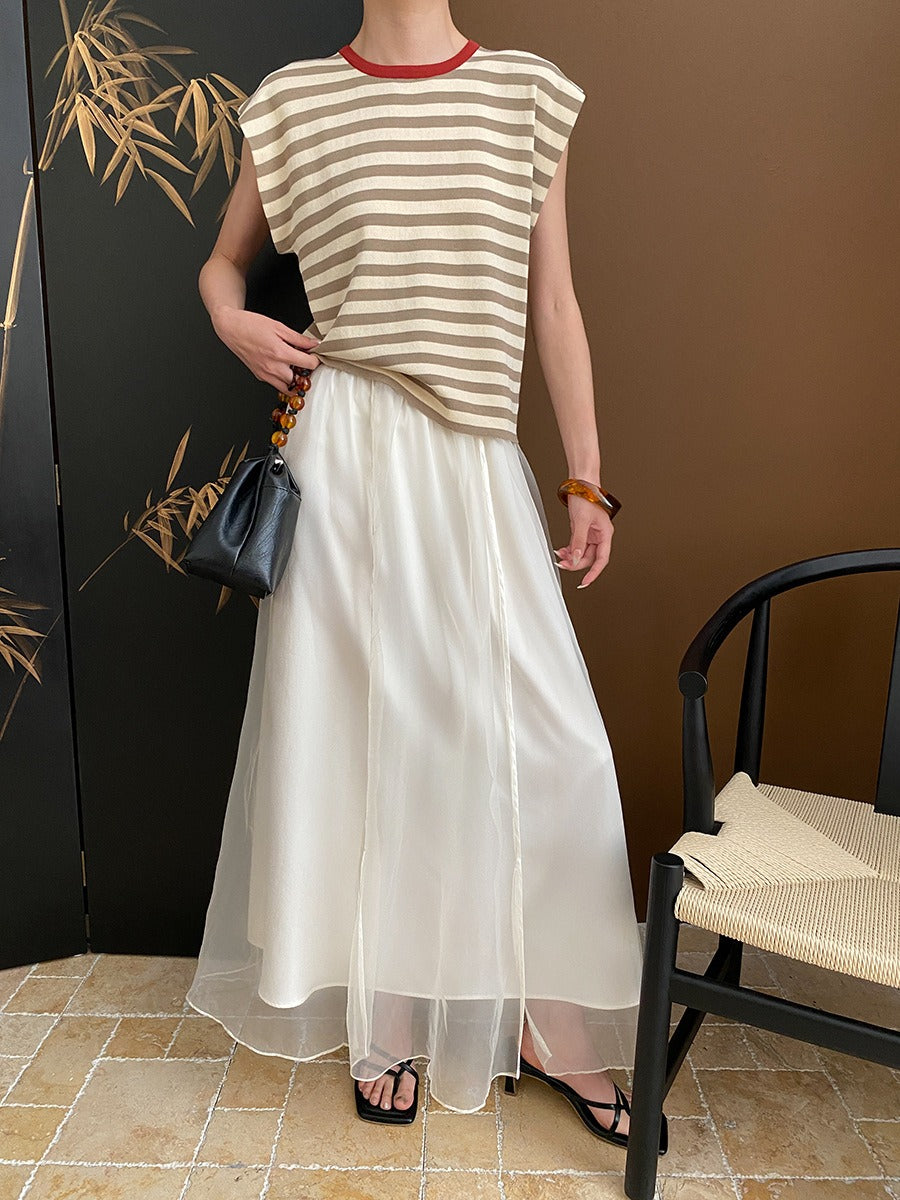 French Layered Striped Small Fly Sleeve Crew Neck Knitted Sweater T-Shirt