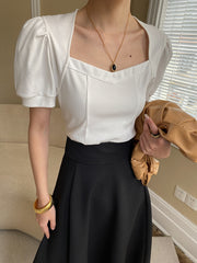 French love square collar bubble short sleeve T-shirt