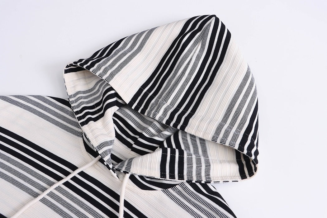 Trendy Contrasting Striped Drawstring Hooded Sweater