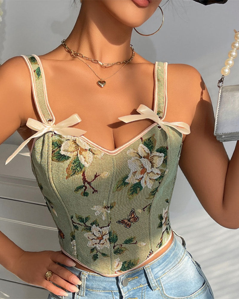 French Style Bow Lace-Up Floral Body Shaper Women's Sling Printed Slim-Fit Vest Corset
