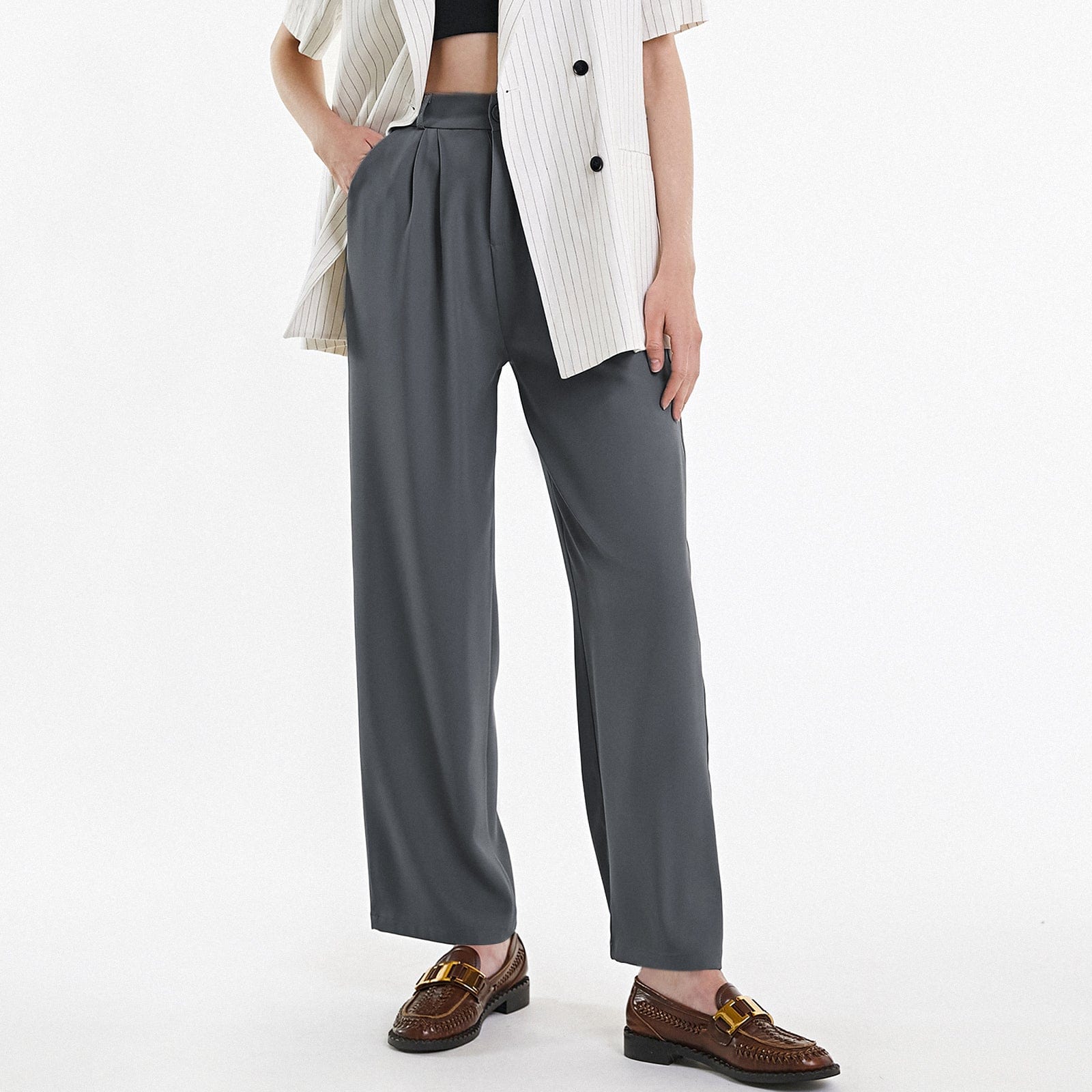 Dim Grey Half Elastic Pleat Detail Wide Leg Suit Pants