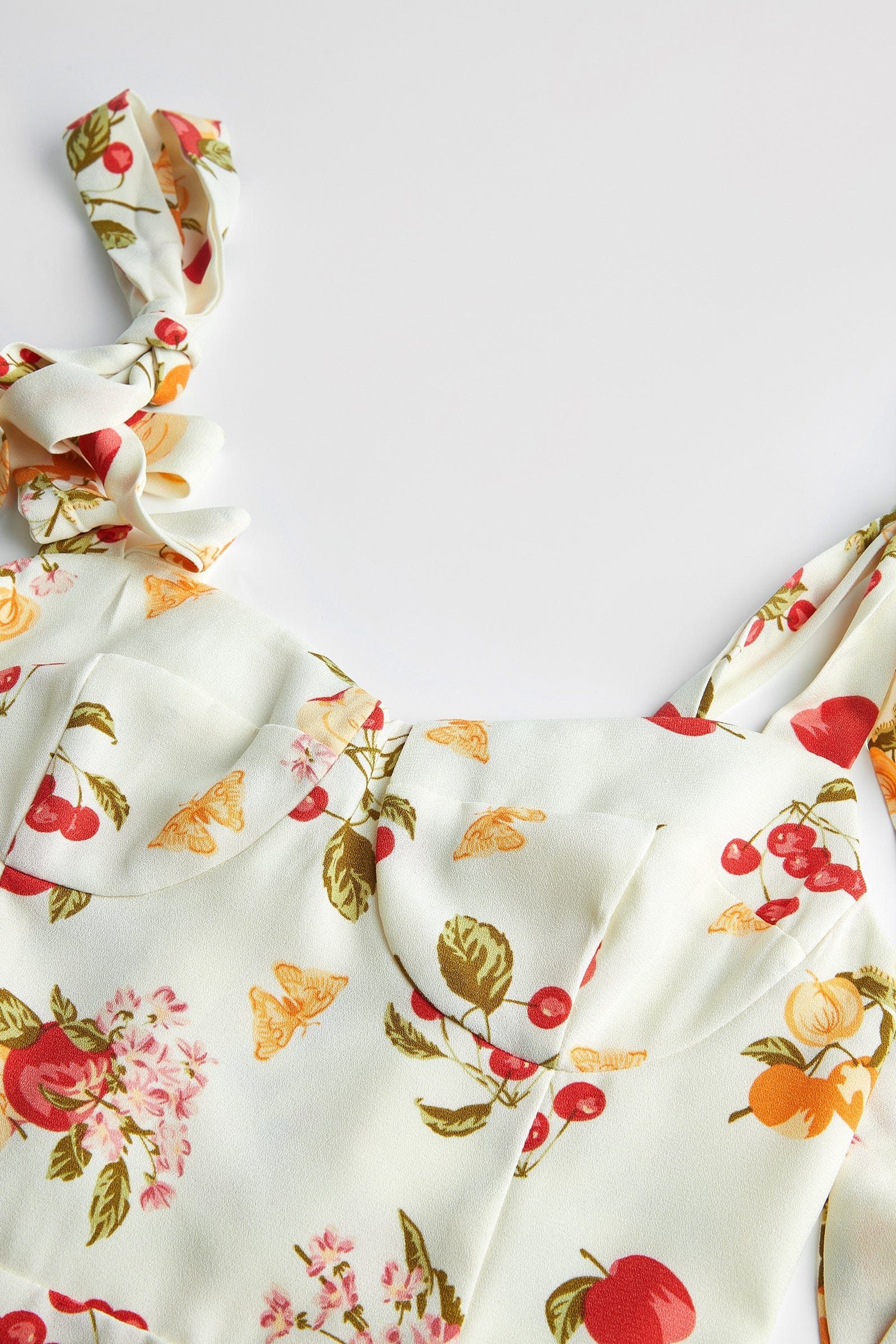 Ivory Fruit Print Tie Strap Mini Dress