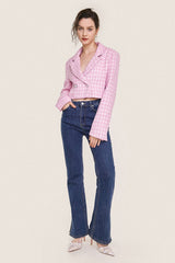 Pink Textured Houndstooth Double-Breasted Cropped Blazer