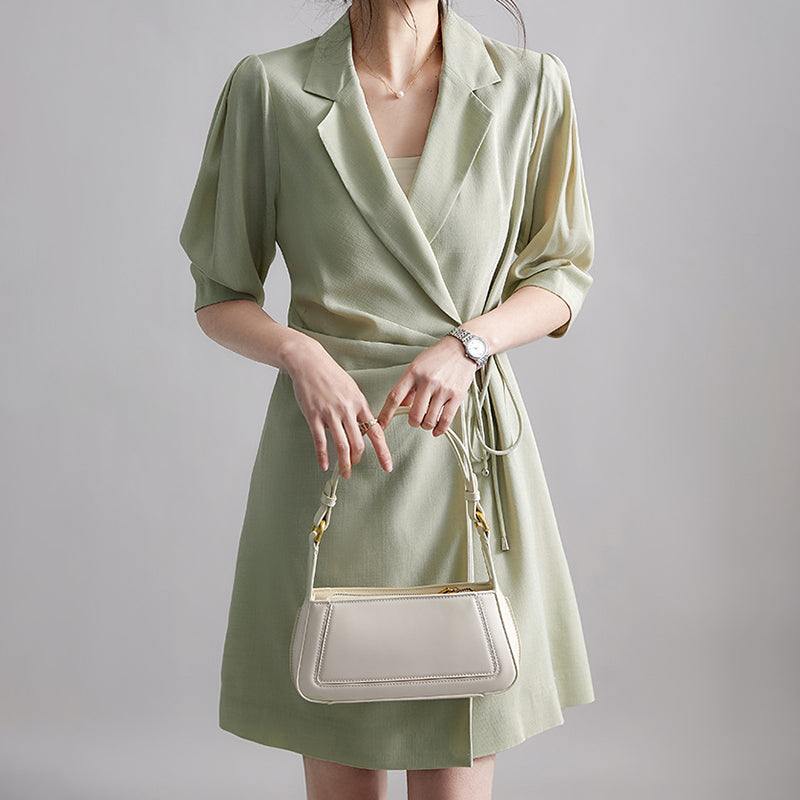 Green Khaki Wrap Front Tie Side Blazer Dress