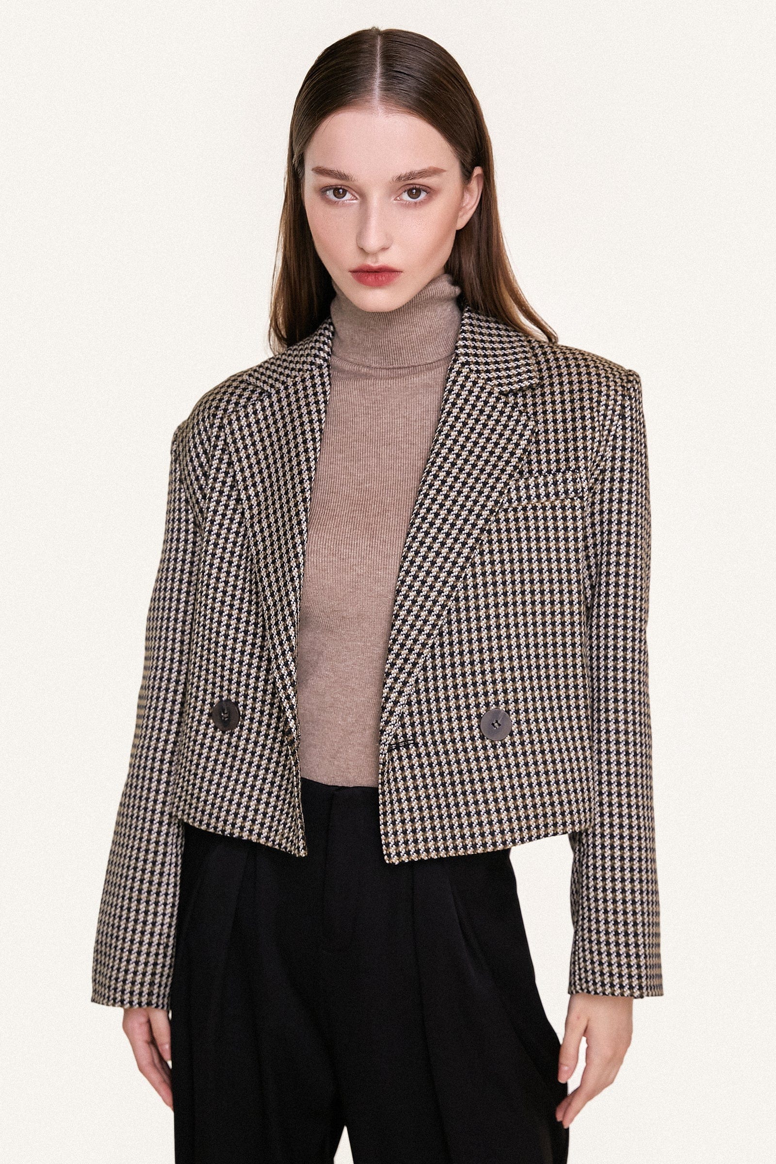 Sienna Double-Breasted Houndstooth Cropped Blazer
