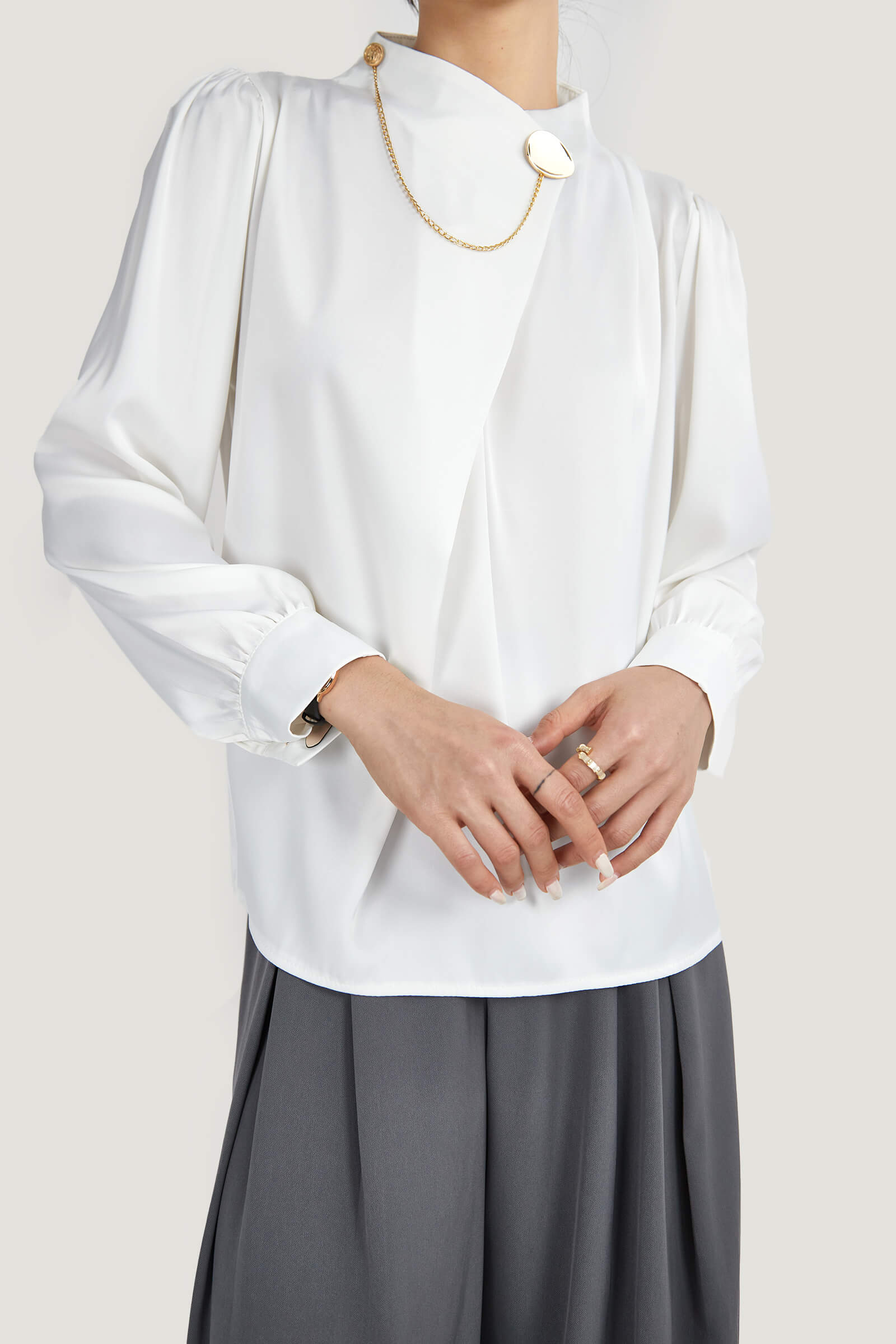 White Mock Neck Ornamental Lantern Sleeve Blouse