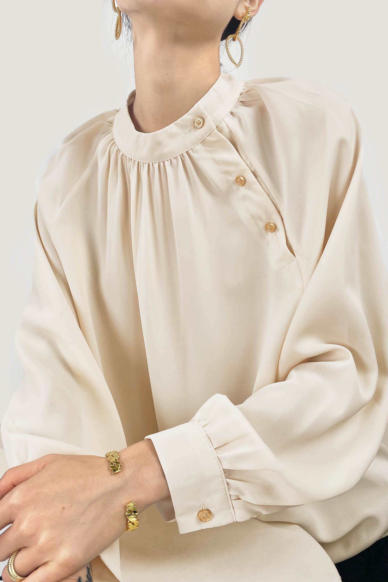 Crew Neck Button Detail Pleated Blouse