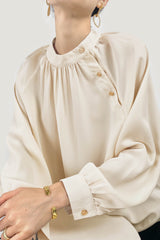 Crew Neck Button Detail Pleated Blouse