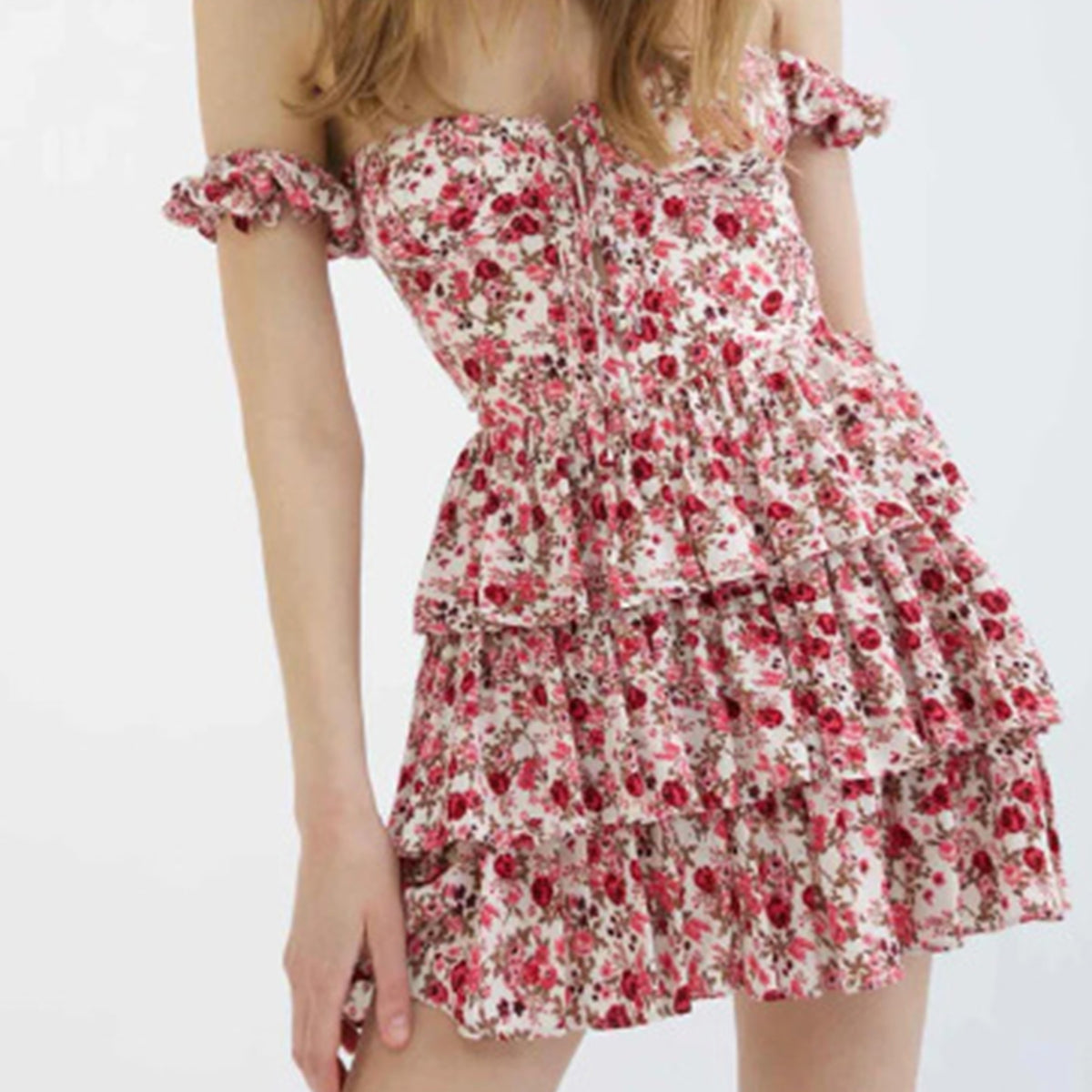 Pink Floral Print Tiered Bustier Mini Dress