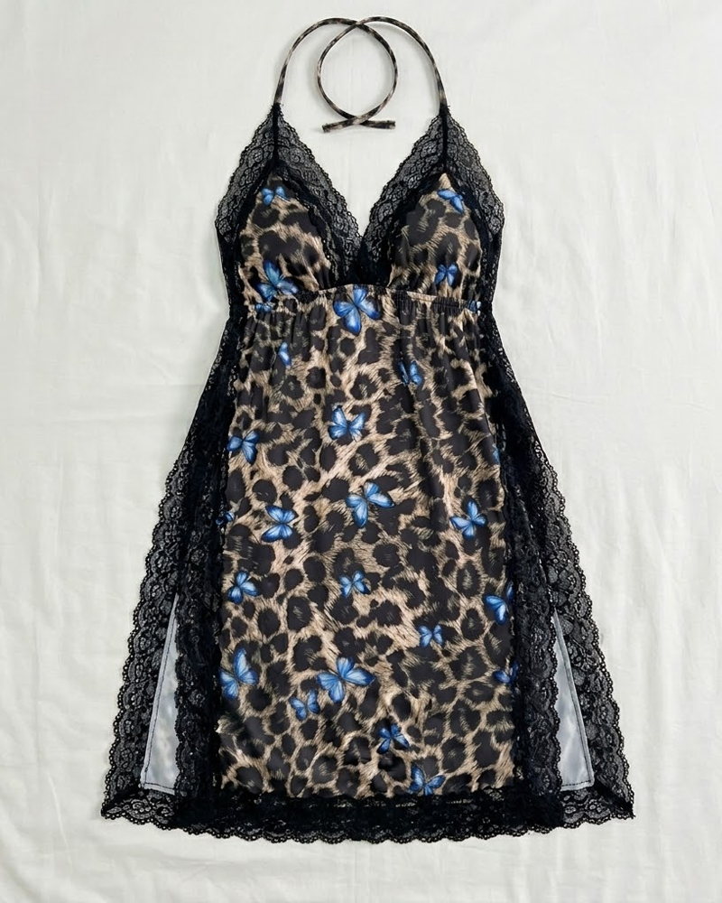 Plus Size Leopard Print Butterfly Tie Strap Side Slit Nightdress