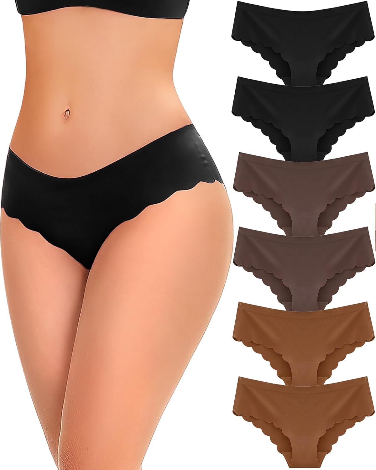 6-Pack Seamless Underwear for Women Low Rise Hipster Wave Edge No Show Bikini Panties Womens Cheeky