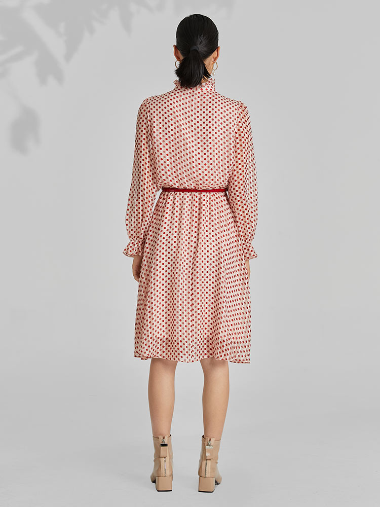 Gathered Waist Chiffon Polka Dot Midi Dress