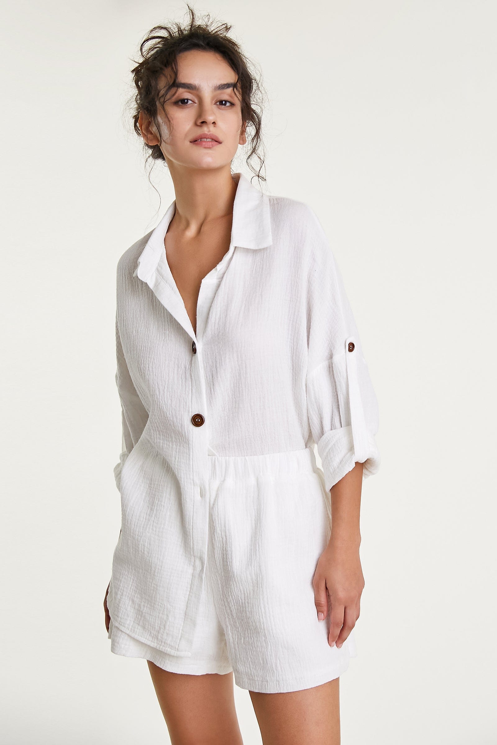 White Cotton Button-Up Shirt & Shorts Two-Piece Set