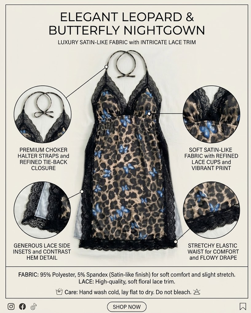 Plus Size Leopard Print Butterfly Tie Strap Side Slit Nightdress