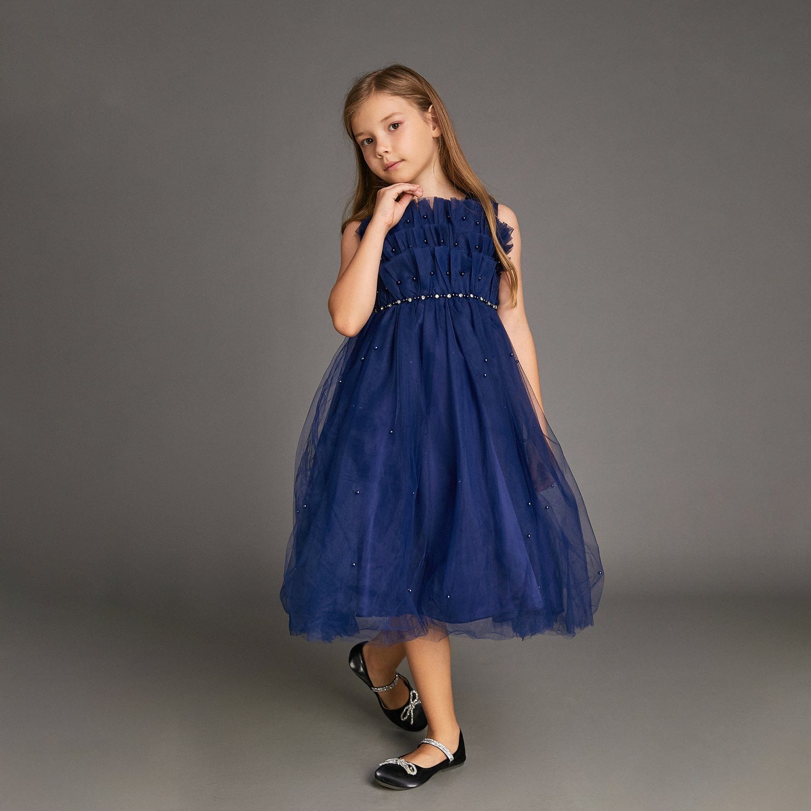 Kids Girls Midnight Blue Strapless Ruffled Pearl-Embellished Tulle Maxi Party Dress