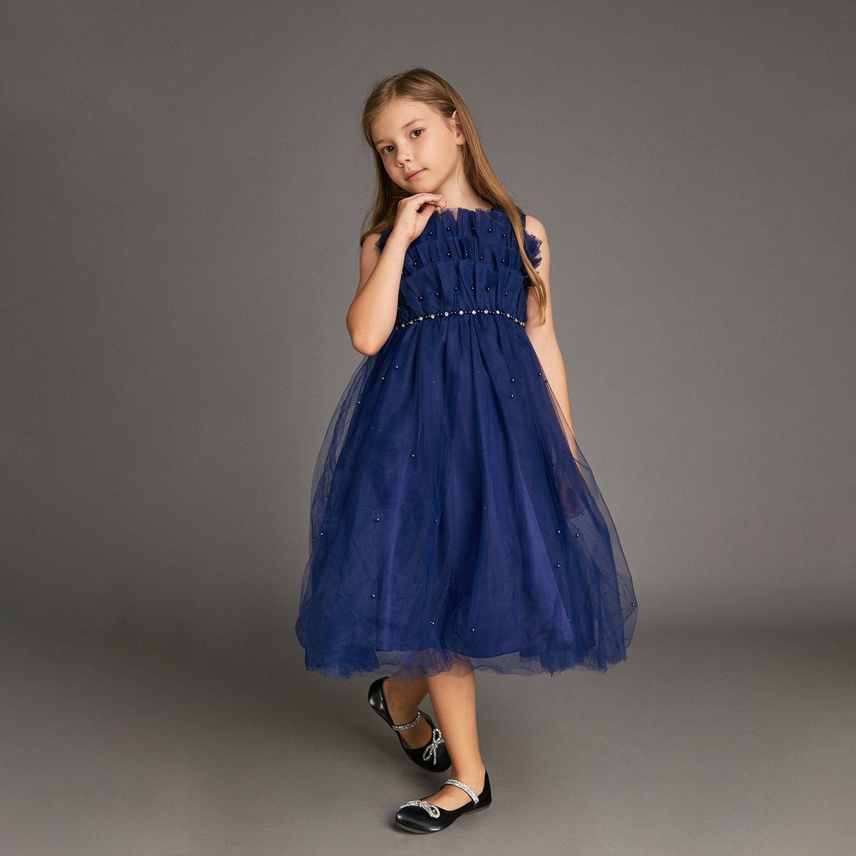 Kids Girls Midnight Blue Strapless Ruffled Pearl-Embellished Tulle Maxi Party Dress