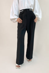 Black Contrast Strap Detail Wide Leg Work Pants