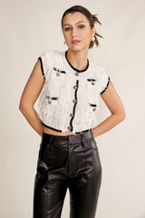 Ivory Frayed Button-Up Contrast Trim Cropped Knit Top