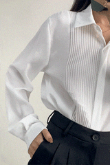 White Pleat Detail Long Sleeve Button-Up Chiffon Shirt